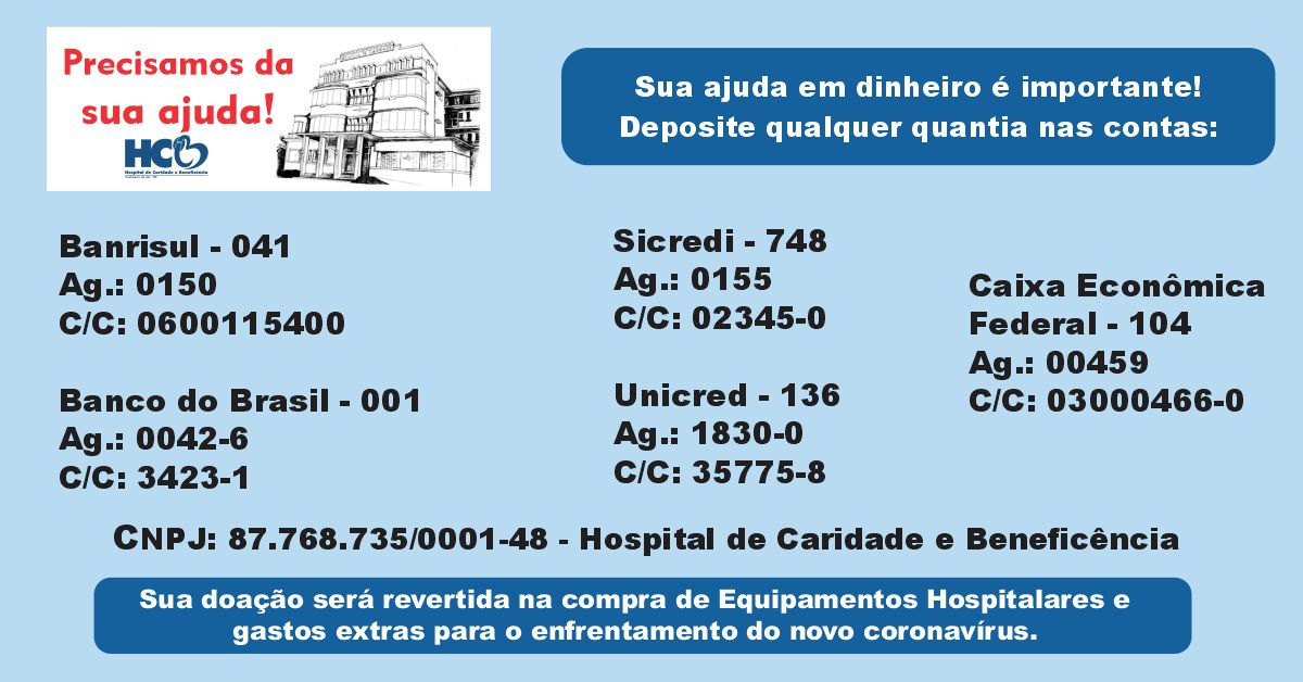 HCB disponibiliza contas para doação em dinheiro.